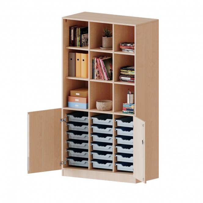 ErgoTray Schrank, 3reihig, 2OH unten Türen, 18 flache Boxen, oben 3OH Regal, B/H/T 104,5x190x50cm 